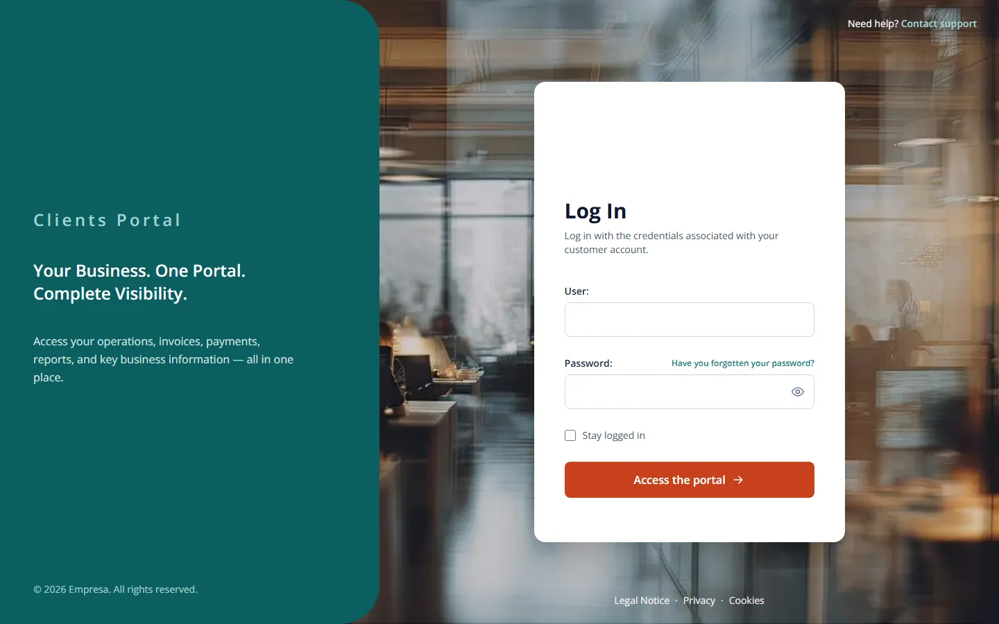 Pantalla de acceso del portal de clientes